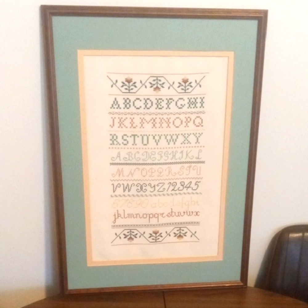 Needlepoint Sampler Alphabet Numbers Framed 27.5"x20" Nursery